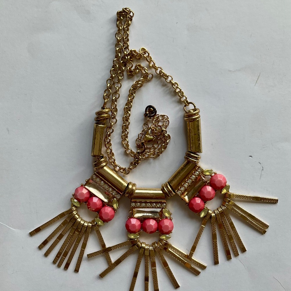 VTGStyle Gold Tone Coral Bead Rhinestone Geometric Fringe Statement Bib Necklace - Picture 2 of 10